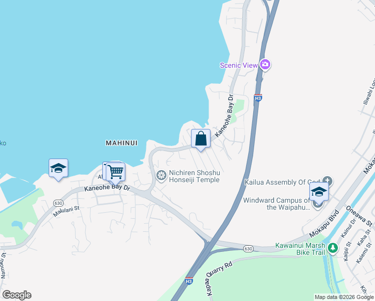 map of restaurants, bars, coffee shops, grocery stores, and more near 44-585 Kaneohe Bay Drive in Kaneohe