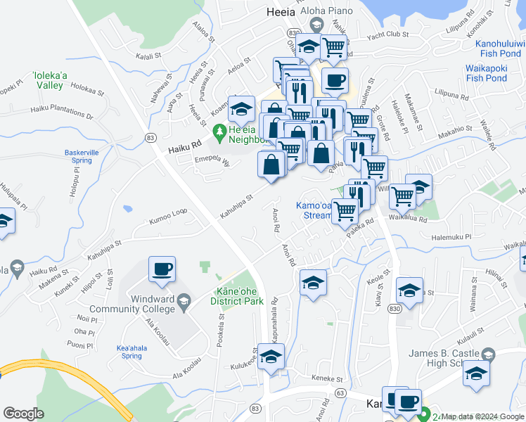map of restaurants, bars, coffee shops, grocery stores, and more near 45-1046 Anoi Road in Kaneohe