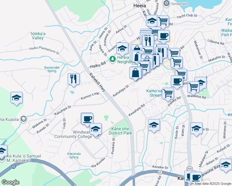 map of restaurants, bars, coffee shops, grocery stores, and more near 46-270 Kahuhipa Street in Kaneohe