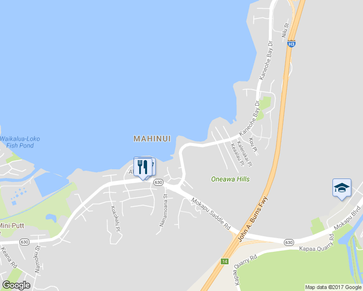 map of restaurants, bars, coffee shops, grocery stores, and more near 44-627 Kaneohe Bay Drive in Kaneohe