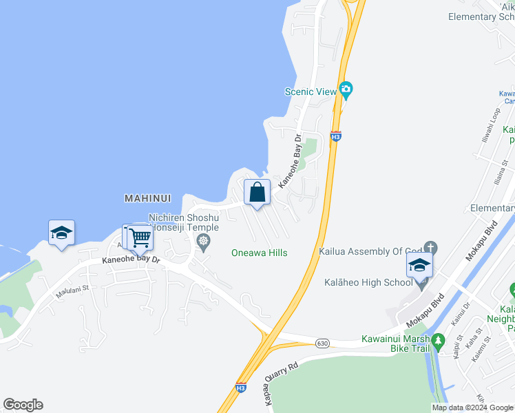 map of restaurants, bars, coffee shops, grocery stores, and more near 44-136 Keaalau Place in Kaneohe