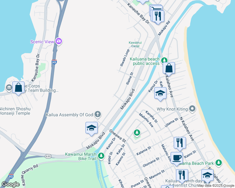 map of restaurants, bars, coffee shops, grocery stores, and more near 550 Ilimano Street in Kailua