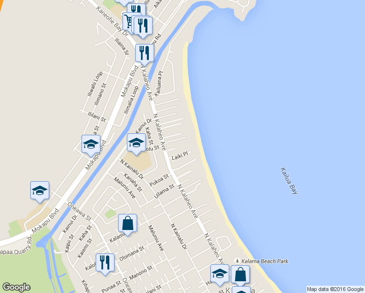 map of restaurants, bars, coffee shops, grocery stores, and more near 50 Kaikea Place in Kailua