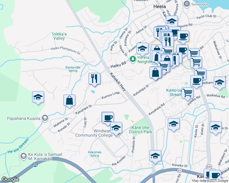 map of restaurants, bars, coffee shops, grocery stores, and more near 46-329 Kumoo Loop in Kaneohe