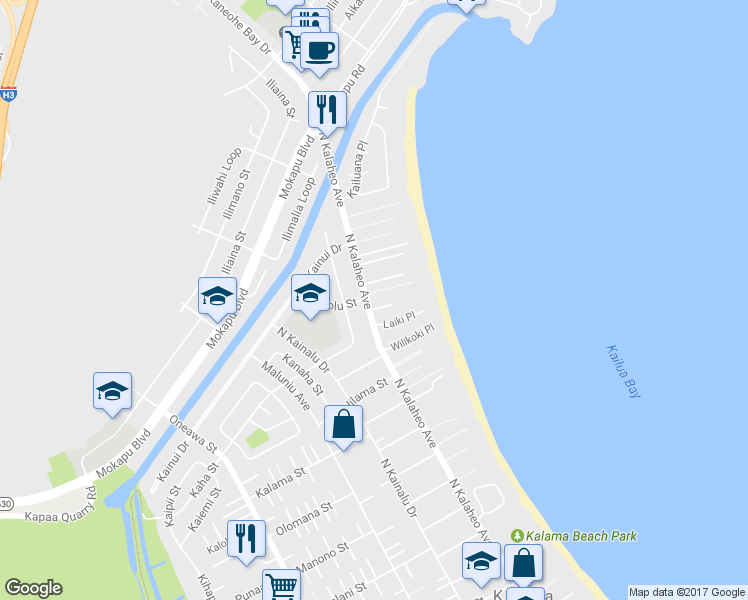 map of restaurants, bars, coffee shops, grocery stores, and more near 87 Kaiholu Place in Kailua