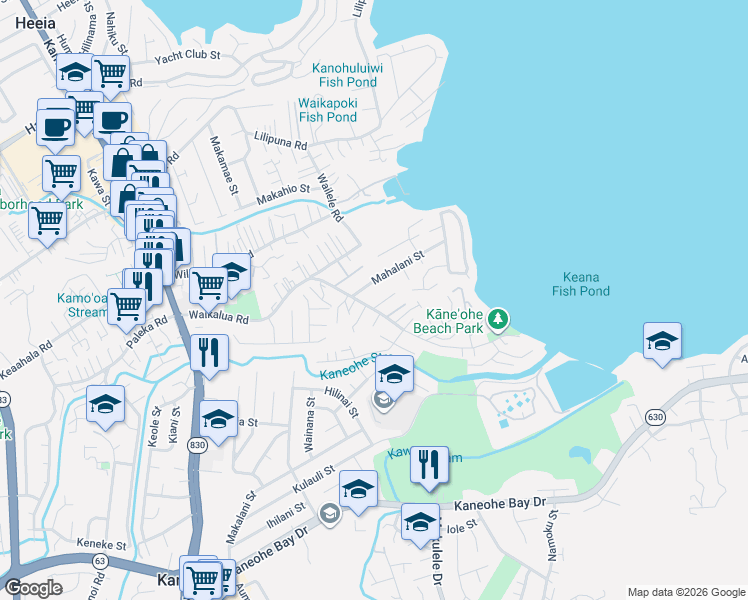 map of restaurants, bars, coffee shops, grocery stores, and more near 45-115B Waikalua Road in Kaneohe