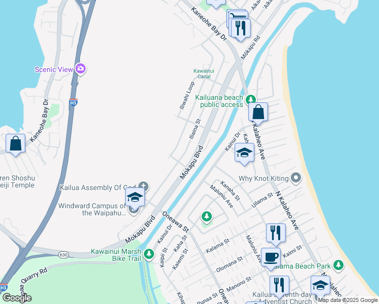 map of restaurants, bars, coffee shops, grocery stores, and more near 1139 Mokapu Boulevard in Kailua