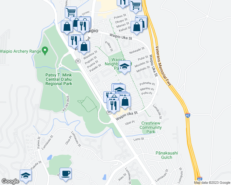 map of restaurants, bars, coffee shops, grocery stores, and more near 94-1040 Paha Place in Waipahu