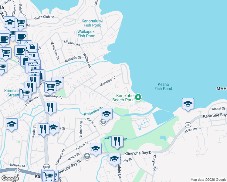 map of restaurants, bars, coffee shops, grocery stores, and more near 45-103 Mauli Place in Kaneohe