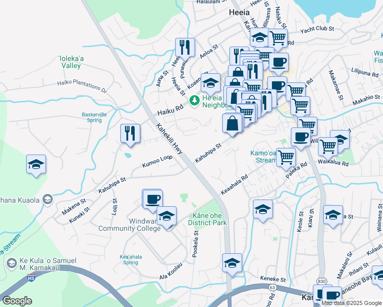 map of restaurants, bars, coffee shops, grocery stores, and more near 546 Kahekili Highway in Kaneohe