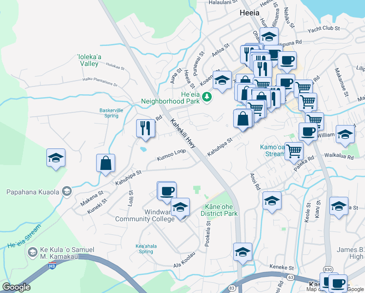 map of restaurants, bars, coffee shops, grocery stores, and more near 46-329 Kumoo Loop in Kaneohe