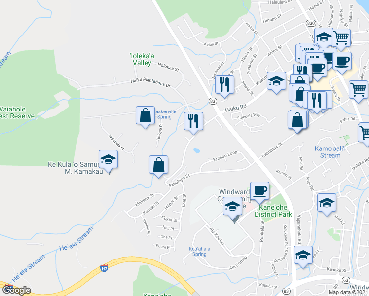 map of restaurants, bars, coffee shops, grocery stores, and more near 46359 Haiku Road in Kaneohe