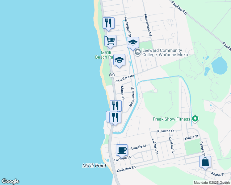 map of restaurants, bars, coffee shops, grocery stores, and more near 87-586 Farrington Highway in Waianae