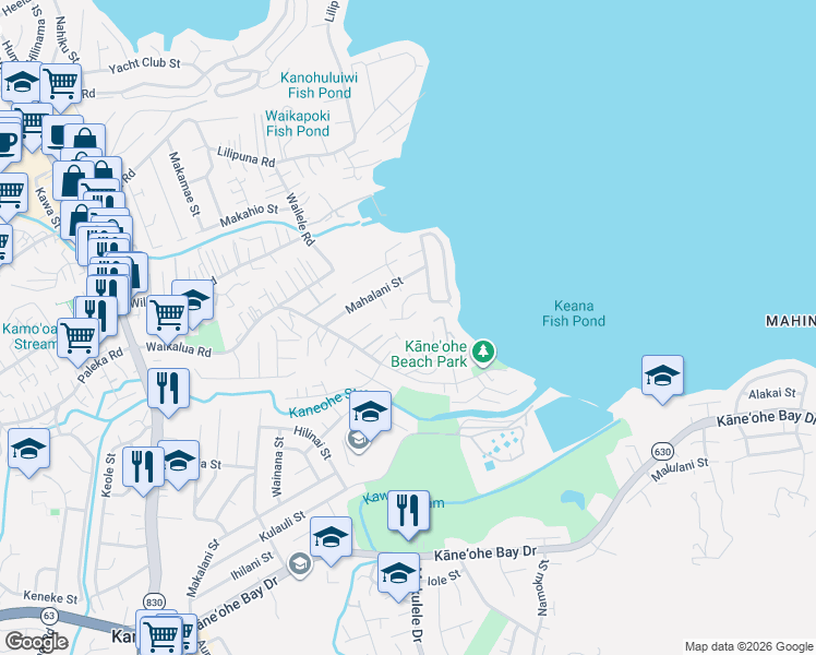 map of restaurants, bars, coffee shops, grocery stores, and more near 45-101 Mauli Place in Kaneohe
