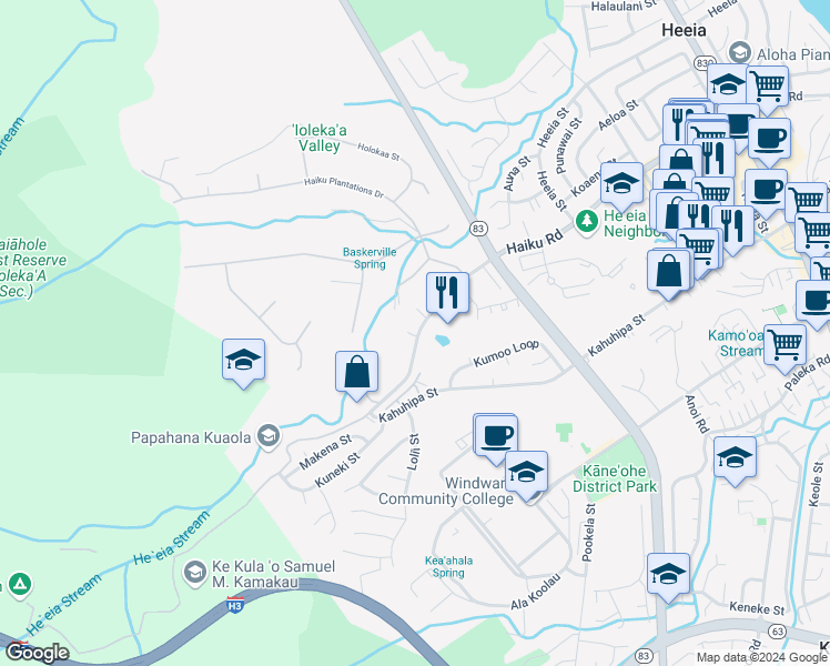 map of restaurants, bars, coffee shops, grocery stores, and more near 46359 Haiku Road in Kaneohe