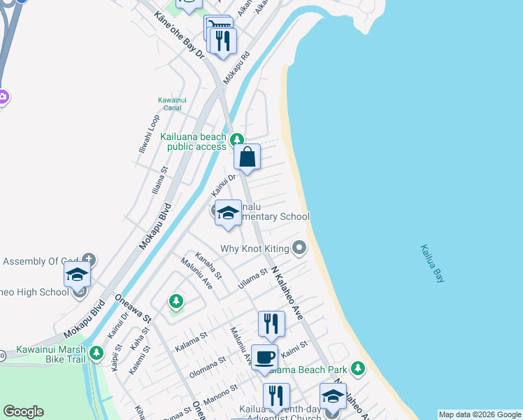 map of restaurants, bars, coffee shops, grocery stores, and more near 77 Kaiholu Place in Kailua