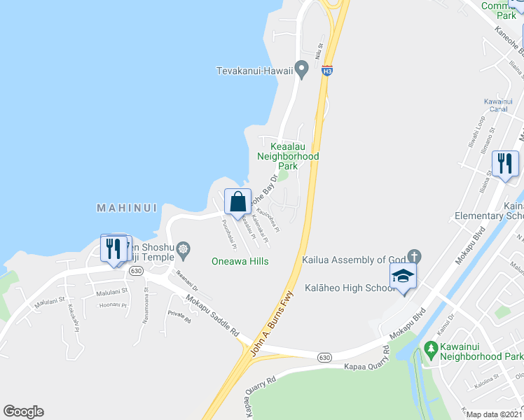 map of restaurants, bars, coffee shops, grocery stores, and more near 44-138 Kauinohea Place in Kaneohe