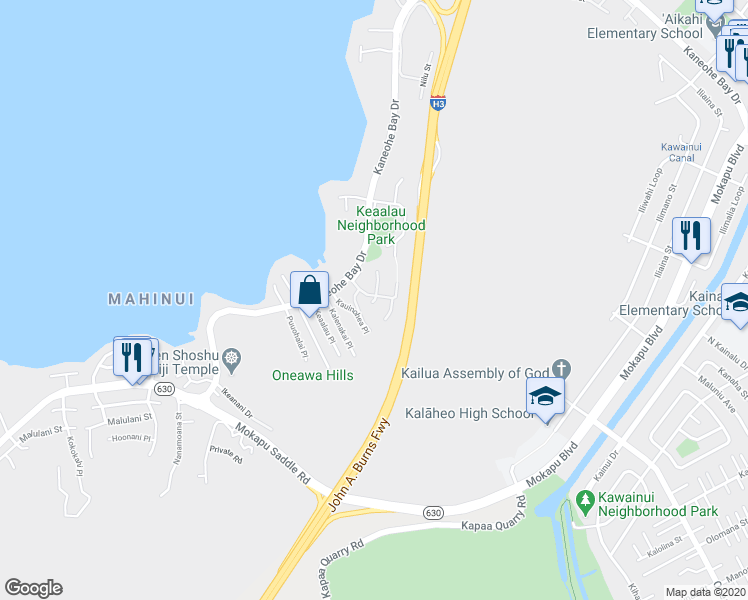 map of restaurants, bars, coffee shops, grocery stores, and more near 44 Hako Street in Kaneohe