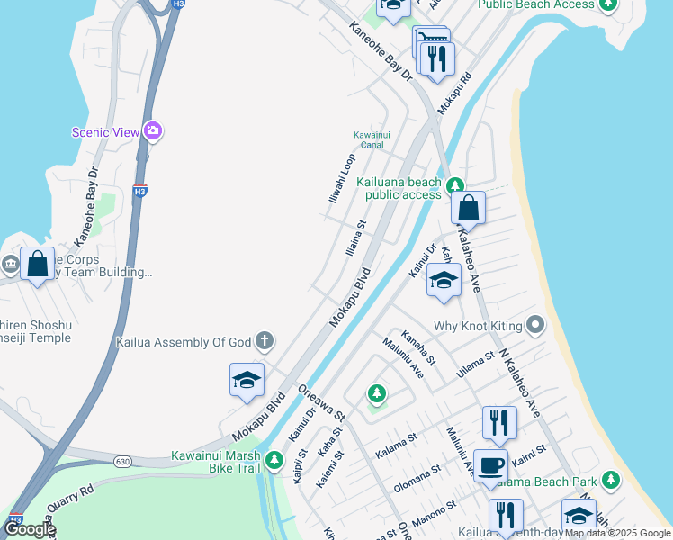 map of restaurants, bars, coffee shops, grocery stores, and more near 550 Ilimano Street in Kailua