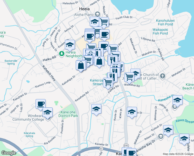 map of restaurants, bars, coffee shops, grocery stores, and more near 45-559 Keaahala Road in Kaneohe