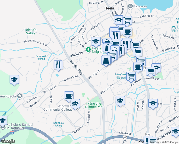 map of restaurants, bars, coffee shops, grocery stores, and more near 46-148 Kahuhipa Street in Kaneohe