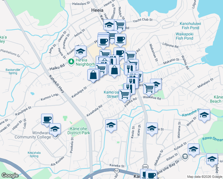 map of restaurants, bars, coffee shops, grocery stores, and more near 45-559 Keaahala Road in Kaneohe
