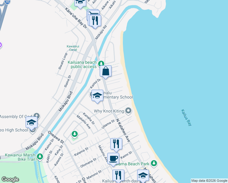 map of restaurants, bars, coffee shops, grocery stores, and more near 87 Kaiholu Place in Kailua