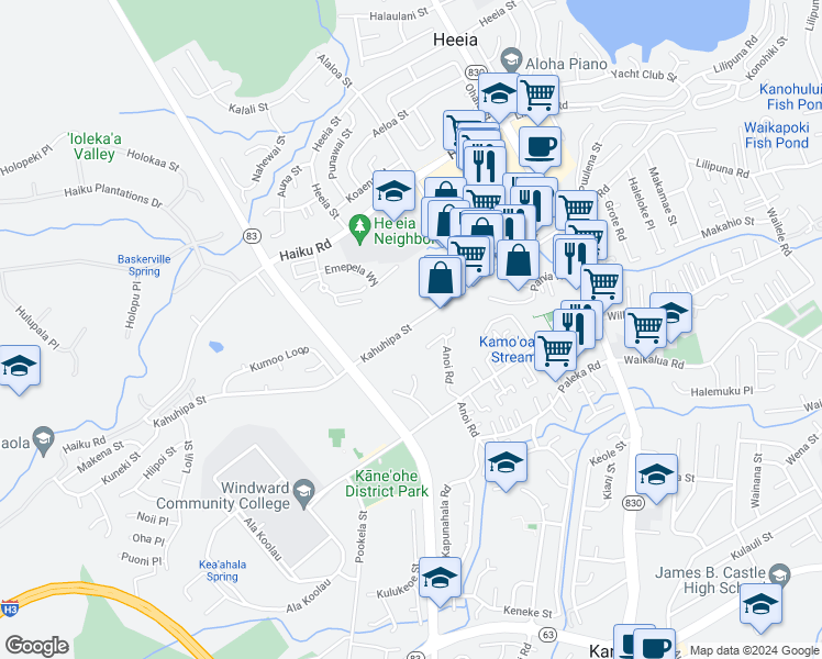 map of restaurants, bars, coffee shops, grocery stores, and more near 45-1046 Anoi Road in Kaneohe