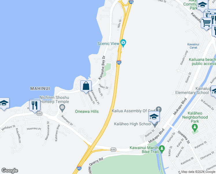 map of restaurants, bars, coffee shops, grocery stores, and more near 44-160 Hako Street in Kaneohe
