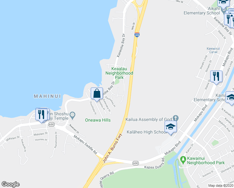 map of restaurants, bars, coffee shops, grocery stores, and more near 44 Hako Street in Kaneohe