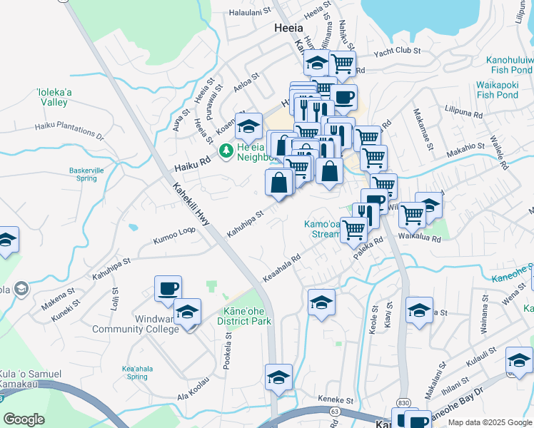 map of restaurants, bars, coffee shops, grocery stores, and more near 45-1046 Anoi Road in Kaneohe