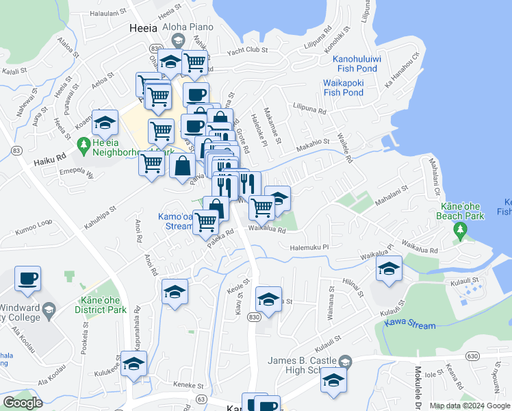 map of restaurants, bars, coffee shops, grocery stores, and more near 45-249 William Henry Road in Kaneohe