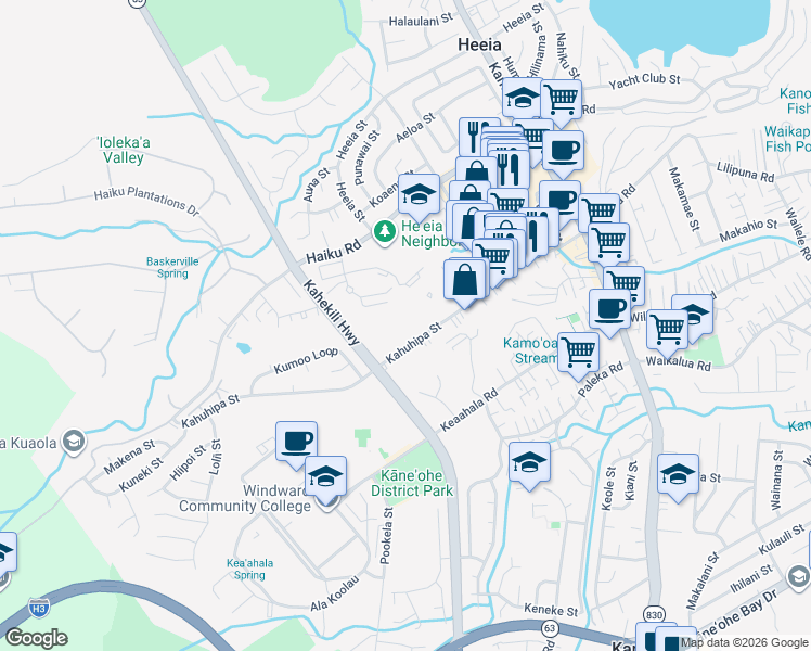 map of restaurants, bars, coffee shops, grocery stores, and more near 46-261 Kihapai Street in Kailua