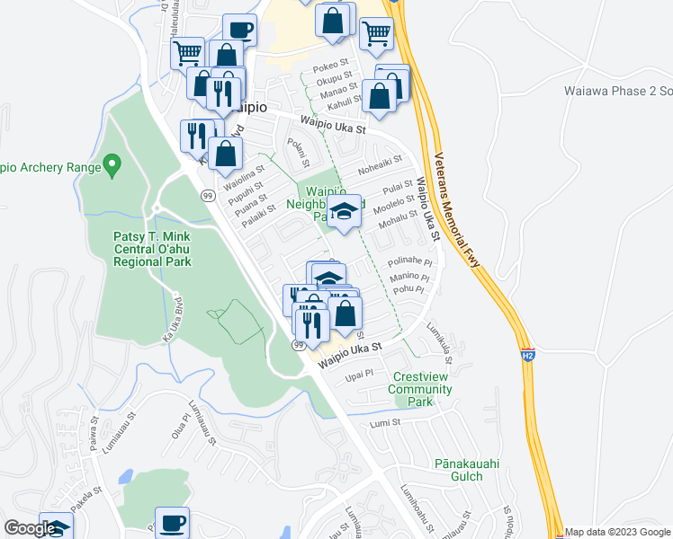 map of restaurants, bars, coffee shops, grocery stores, and more near 94-1110 Kepakepa Street in Waipahu