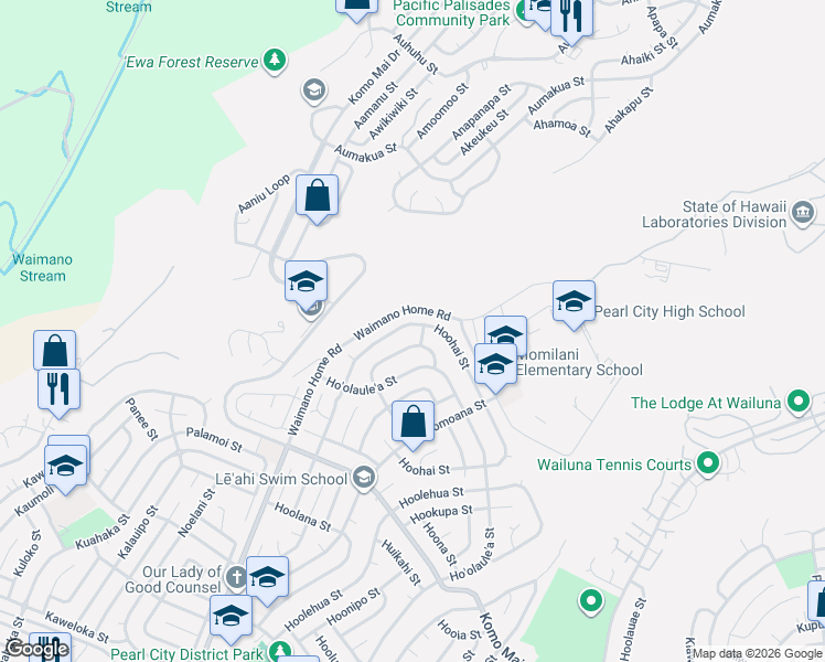 map of restaurants, bars, coffee shops, grocery stores, and more near 1972 Hoohai Street in Pearl City