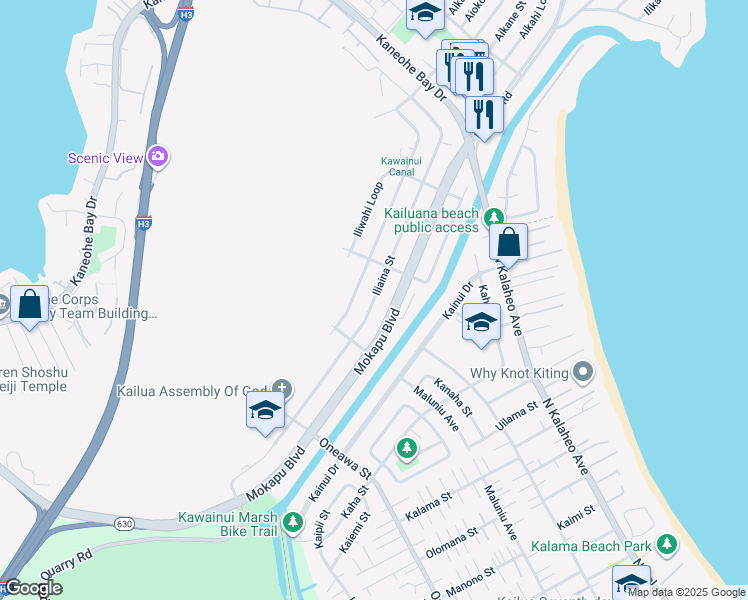 map of restaurants, bars, coffee shops, grocery stores, and more near Iliaina Street in Kailua