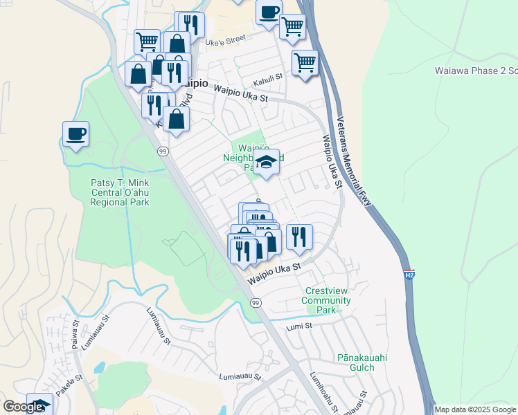 map of restaurants, bars, coffee shops, grocery stores, and more near 94-1073 Kepakepa Street in Waipahu