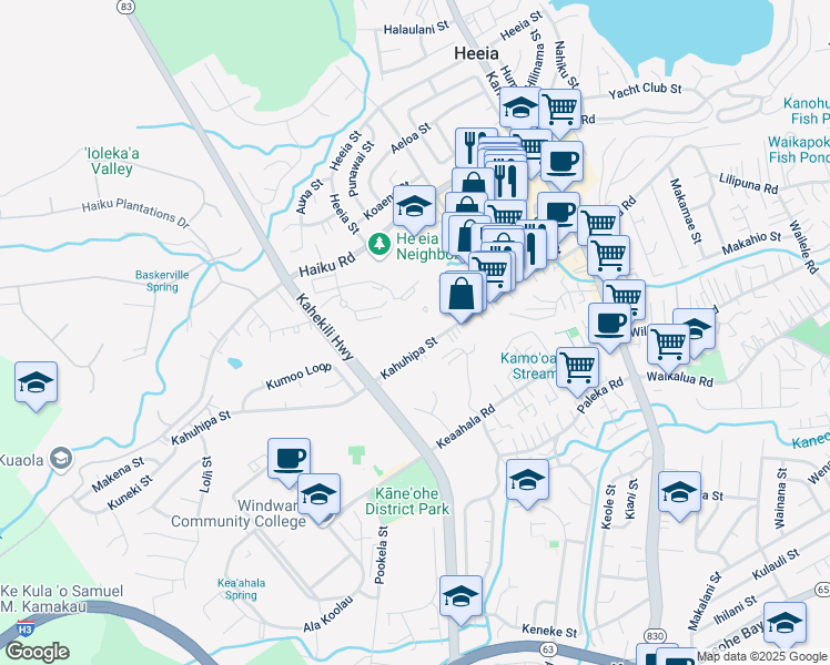 map of restaurants, bars, coffee shops, grocery stores, and more near 46-255 Kahuhipa Street in Kaneohe