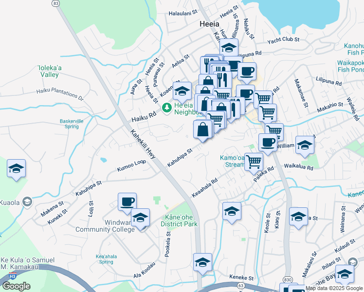 map of restaurants, bars, coffee shops, grocery stores, and more near 46-255 Kahuhipa Street in Kaneohe