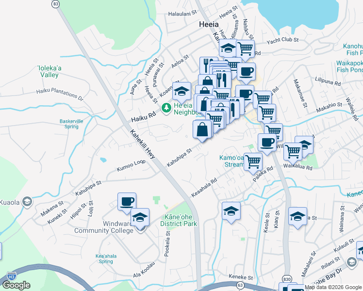 map of restaurants, bars, coffee shops, grocery stores, and more near 46-255 Kahuhipa Street in Kaneohe