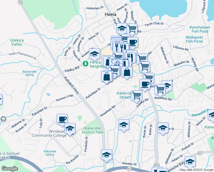 map of restaurants, bars, coffee shops, grocery stores, and more near 46-202 Kahuhipa Street in Kaneohe
