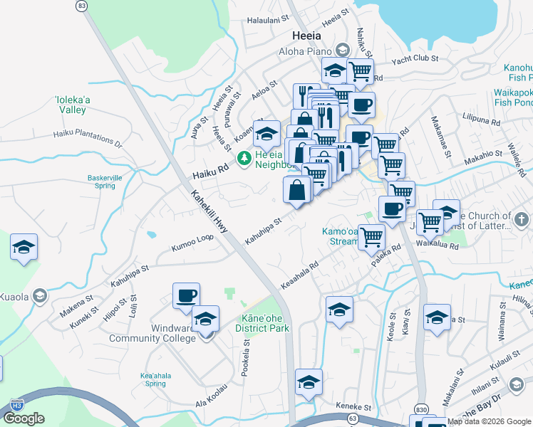 map of restaurants, bars, coffee shops, grocery stores, and more near 46-255 Kahuhipa Street in Kaneohe