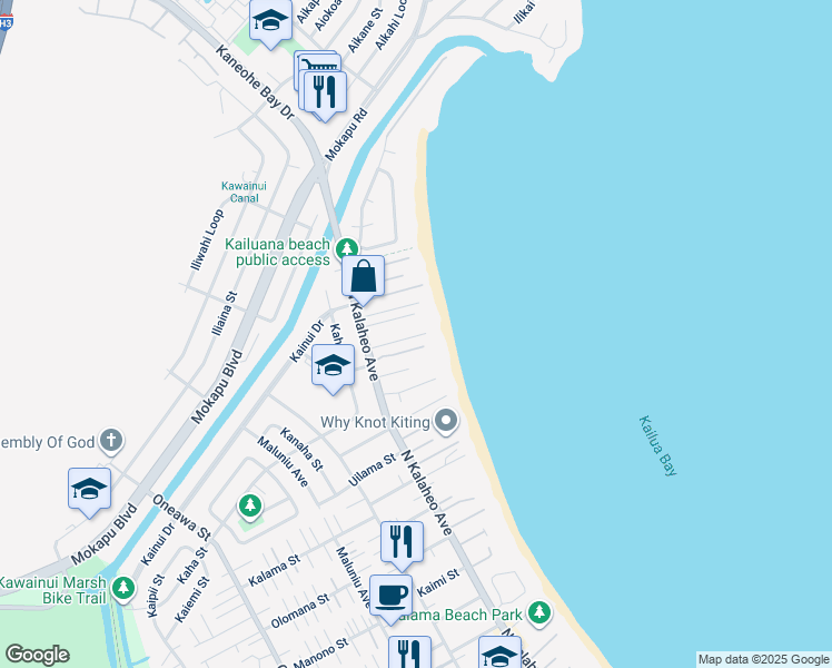 map of restaurants, bars, coffee shops, grocery stores, and more near 27 Kai Nani Place in Kailua