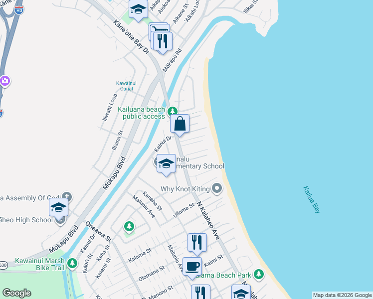 map of restaurants, bars, coffee shops, grocery stores, and more near 75 Kai Nani Place in Kailua