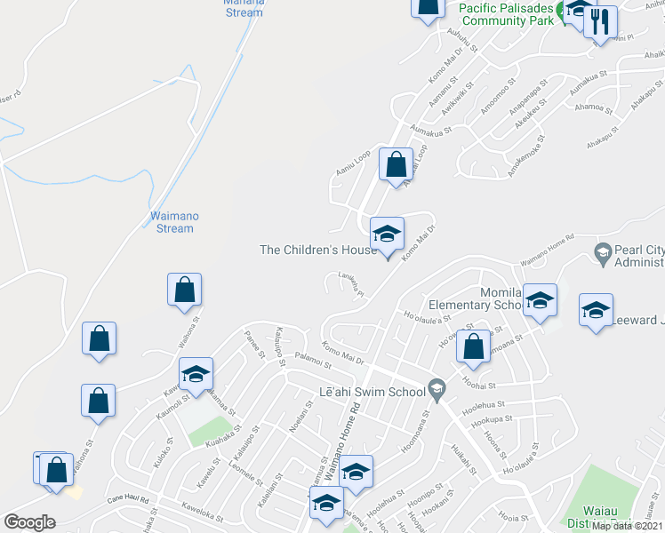 map of restaurants, bars, coffee shops, grocery stores, and more near 1841A Lanikeha Place in Pearl City