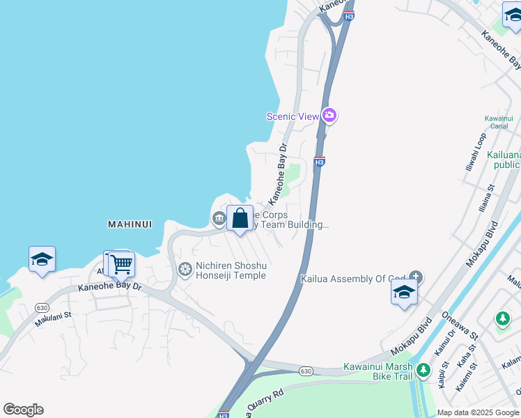 map of restaurants, bars, coffee shops, grocery stores, and more near 44-517 Kaneohe Bay Drive in Kaneohe