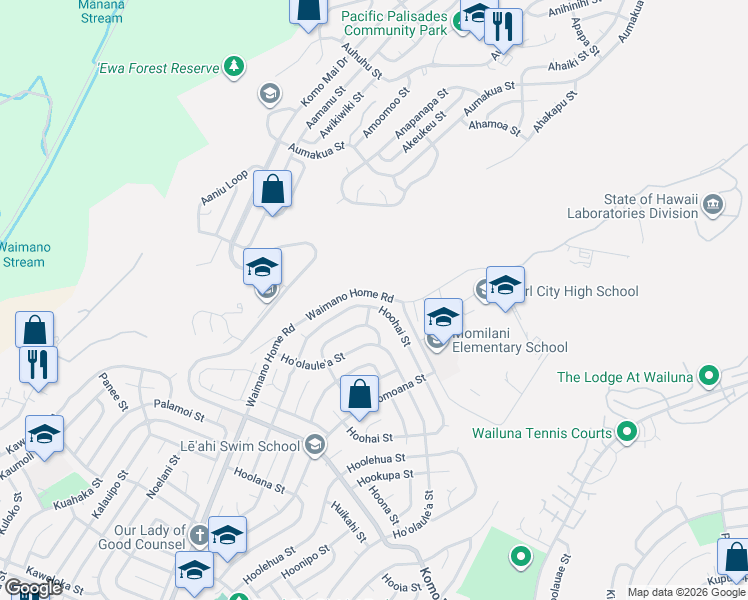 map of restaurants, bars, coffee shops, grocery stores, and more near 1972 Hoohai Street in Pearl City
