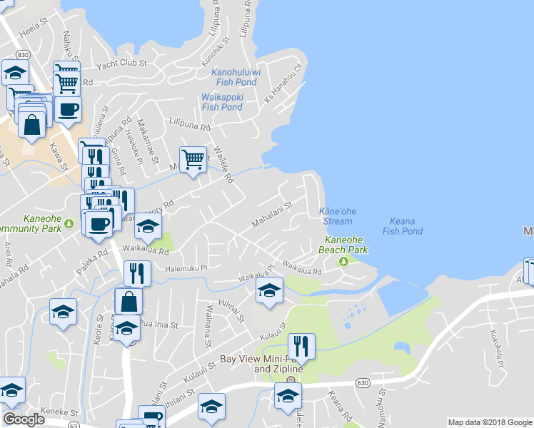 map of restaurants, bars, coffee shops, grocery stores, and more near 45-343 Mahalani Street in Kaneohe