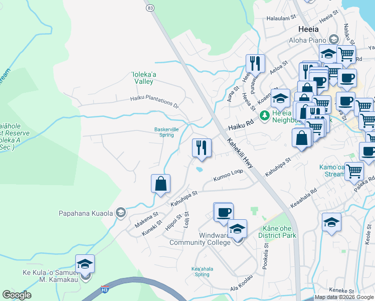 map of restaurants, bars, coffee shops, grocery stores, and more near 46-309 Holouka Place in Kaneohe