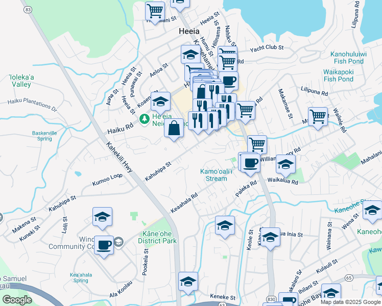map of restaurants, bars, coffee shops, grocery stores, and more near 46-202 Kahuhipa St in Kaneohe